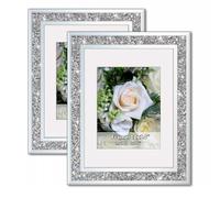Crushed Diamond Wedding Mirror Picture Frames, Crystal Silver Glass Picture Frames for Photo Size 11x14 Inches, with Mat for 8x10 Inches, 2 Pack Wall Frames, Glittering Diamond Home Decoration.