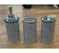 Crushed Silver Crystal Diamond Bathroom Set Sparkle Bling Toilet Set 3 Pieces Bathroom Accessory Set Soap Dish Dispenser Tumbler Toothbrush Holder Silver