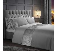 Crushed Velvet Border Band Easycare Soft Microfibre Duvet Cover and Pillowcase Bedding Set (Silver, Single)