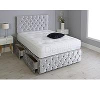Crushed Velvet Chesterfield Divan Bed Set with 1000 Pocket Sprung Mattress and Matching Footboard (Silver, 4FT6-2 Drawers Foot End)