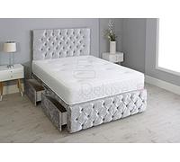 Crushed Velvet Chesterfield Divan Bed Set with Memory Sprung Mattress and Matching Footboard (Grey, 2FT6-0 Drawers)