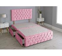 Crushed Velvet Chesterfield Divan Bed with Matching Footboard - Base Only No Mattress Include (Pink, 4FT6-2 Drawers Right Hand Side Facing)