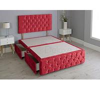Crushed Velvet Chesterfield Divan Bed with Matching Footboard - Base Only No Mattress Include (Red, 4FT - 4 Drawers)