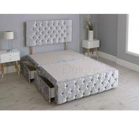 Crushed Velvet Chesterfield Divan Bed with Matching Footboard - Base Only No Mattress Include (Silver, 4FT - 4 Drawers)