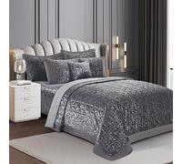 Crushed Velvet Quilted Bedspread Bed Throw 3 Piece Comforter Bedding Set with 2 Pillow Shams Super Soft Solid Colours (Grey, Superking)
