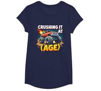 Crushing It at (Age) Monster Truck Thrill Seeker Birthday T-Shirt, Girls, Navy, Large