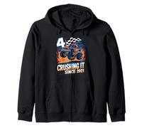 Crushing It Since 2021 4th Birthday Kids Monster Truck Zip Hoodie