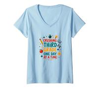 Crushing Third Grade One Day at a Time V-Neck T-Shirt, Women, Baby Blue, M