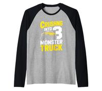 Crushng Into 3 Monster Truck Third Birthday Boy Raglan Baseball Tee