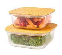 Crutello Glass Storage Containers with Bamboo Lids - Eco-Friendly Non Toxic Meal Prep Jars with Wooden Lid for Fridge and Kitchen Organization - Non Plastic Container for Fruit Bowls 2 Pack