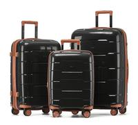 CRUW 3-Piece Luggage Set Expandable Polypropylene Suitcase Set TSA Locks 8 Silent Spinner Wheels Lightweight Nested Suitcases Travel Set easyJet British Airways Jet2 Approved Carry-On Black/Tan
