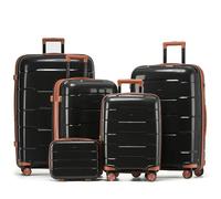 CRUW 5-Piece Luggage Set Expandable Polypropylene Suitcase Set TSA Locks 8 Silent Spinner Wheels Lightweight Nested Suitcases Travel Set easyJet British Airways Jet2 Approved Carry-On Black/Tan