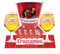 Cruzcampo Pint Glasses X2, 1x Ice Bucket Beer Lager, 1 x Rubber Bar Runner, 4 x Beer Mats Man Cave Set Roxley Super Bundle