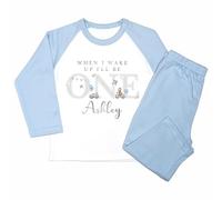 Crwban® - Blue & Grey Teddy with Cars & Aeroplanes When I Wake Up I'll Be One Pyjamas - Personalised First 1st Birthday Themed PJ's (UK, Age, 1 Year, 2 Years, Solid Blue)