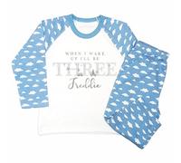 Crwban® - Blue & Grey Teddy with Cars & Aeroplanes When I Wake Up I'll Be Three Pyjamas - Personalised Third 3rd Birthday Themed PJ's