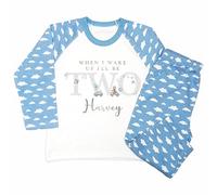Crwban® - Blue & Grey Teddy with Cars & Aeroplanes When I Wake Up I'll Be Two Pyjamas - Personalised Seconnd 2nd Birthday Themed PJ's (UK, Age, 2 Years, 3 Years, Regular, Blue Clouds)