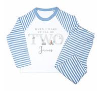 Crwban® - Blue & Grey Teddy with Cars & Aeroplanes When I Wake Up I'll Be Two Pyjamas - Personalised Seconnd 2nd Birthday Themed PJ's (UK, Age, 1 Year, 2 Years, Regular, Blue Stripes)