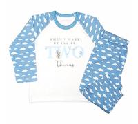 Crwban® - Blue Teddy When I Wake Up I'll Be Two Pyjamas - Personalised Second 2nd Birthday Themed PJ's (UK, Age, 2 Years, 3 Years, Regular, Blue Clouds)