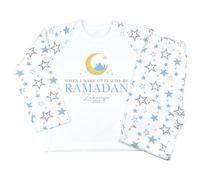 Crwban® - Blue When I Wake Up It Will Be Ramadan Children's Pyjamas - Personalised Islamic Muslim Eid al-Fitr Eid al-Adha Themed PJ's (UK, Age, 7 Years, 8 Years, Regular, Blue & Grey Stars)