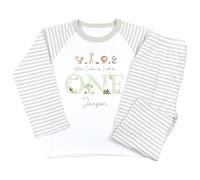 Crwban® - Four Safari Animals When I Wake Up I'll Be One Pyjamas - Personalised Children's First 1st Birthday Themed PJ's (UK, Age, 6 Months, 12 Months, Sage Green Stripes)