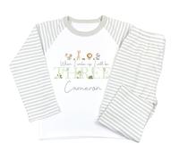Crwban® - Four Safari Animals When I Wake Up I'll Be Three Pyjamas - Personalised Children's Third 3rd Birthday Themed PJ's (UK, Age, 2 Years, 3 Years, Regular, Sage Green Stripes)