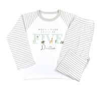 Crwban® - Green Safari When I Wake Up I'll Be Five Pyjamas - Personalised Fifth 5th Birthday Animal Themed PJ's (UK, Age, 7 Years, 8 Years, Regular, Sage Green Stripes)