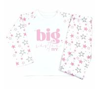 Crwban® - Little or Big Sister Bubbles Matching Personalised Children's Pyjamas - Custom Sis Siblings Themed PJ's (UK, Age, 3 Years, 4 Years, Regular, Pink & Grey Stars, Big Sister)