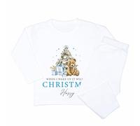 Crwban® - Luxury Children's Blue Teddy When I Wake Up It Will Be Christmas Pyjamas - Personalised Children's Christmas Themed PJ's (UK, Age, 1 Year, 2 Years, Regular, Plain White)