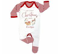 Crwban® - My First Christmas Santa's Sleigh Romper Sleep Suit - Personalised Xmas All in One (0-3 Months, Red Stripes)