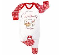 Crwban® - My First Christmas Santa's Sleigh Romper Sleep Suit - Personalised Xmas All in One (3-6 Months, Red Festive)