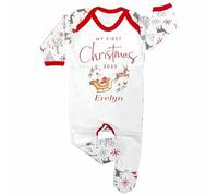 Crwban® - My First Christmas Santa's Sleigh Romper Sleep Suit - Personalised Xmas All in One (6-12 Months, Grey & Red Reindeer)