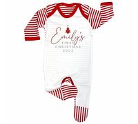 Crwban® - My First Family Christmas Romper Sleep Suit - Personalised Xmas All in One (UK, Age, 3 Months, 6 Months, Red Stripes)