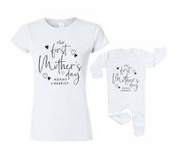 Crwban® - Our First Mother's Day Hearts Matching Rompersuit & T-Shirt Set - Personalised All in One Sleep Suit Set (UK, Age, 6 Months, 12 Months, White)