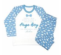 Crwban® - Page Boy Bow Tie Personalised Children's Pyjamas - Custom Name & Date Wedding PJ's (UK, Age, 7 Years, 8 Years, Regular, Blue Clouds)