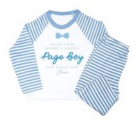 Crwban® - Page Boy Bow Tie Personalised Children's Pyjamas - Custom Name & Date Wedding PJ's (UK, Age, 7 Years, 8 Years, Regular, Blue Stripes)