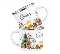 Crwban Personalised Children's Red Dinosaur Festive Mug, Xmas Gift, Children's Enamel Mug, Christmas Hot Chocolate, Kids Mug, Christmas Eve Filler