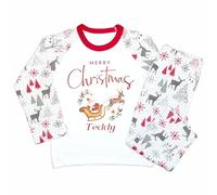 Crwban® - Personalised Merry Christmas Santa's Sleigh Pyjamas - Xmas PJ's with Name (UK, Age, 2 Years, 3 Years, Regular, Grey & Red Reindeer)