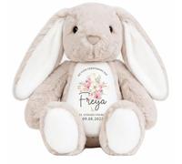 Crwban - Personalised Pink Christening Bunny Gift, Baptism or Holy Communion Gift, Keepsake, Baby’s Special Day (Grey Bunny)