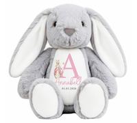 Crwban - Personalised Pink Rabbit Initial Birth Bunny, Newborn Baby Gift, Custom Soft Toy, Babies Keepsake (White Bunny)