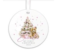 Crwban® - Personalised Pink Teddy Baby's First Christmas Ornament - Ceramic Bauble - Custom Newborn Gift -1st Xmas Tree Decoration - Keepsake 2025 (Round)