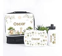 Crwban® - Personalised Safari Insulated Lunch Bag, Snack Box and Water Bottle for Kids - Custom Name Children's Back to School Lunch Set (Full Set)