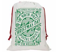 Crwban® - Personalised The North Pole Postal Service Christmas Sack - Luxury Xmas Day Gift Sack with Custom Name (Luxury Linen Red Rope (Green Print), Large)