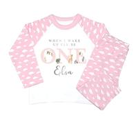 Crwban® - Pink Safari When I Wake I'll Be One Pyjamas - Personalised First 1st Birthday Animal Themed PJ's (UK, Age, 1 Year, 2 Years, Pink Clouds)