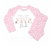Crwban® - Pink Safari When I Wake Up I'll Be Five Pyjamas - Personalised Fifth 5th Birthday Animal Themed PJ's (UK, Age, 5 Years, 6 Years, Regular, Pink Clouds)
