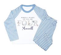 Crwban® - Space Man When I Wake Up I'll Be Four Pyjamas - Personalised Fourth 4th Birthday Themed PJ's (UK, Age, 5 Years, 6 Years, Regular, Blue Stripes)