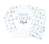 Crwban® - Space Man When I Wake Up I'll Be Three Pyjamas - Personalised Third 3rd Birthday Themed PJ's (UK, Age, 3 Years, 4 Years, Regular, Blue & Grey Stars)