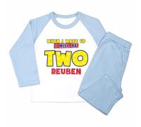 Crwban® - Toy Themed When I Wake Up I Will Be Two Pyjamas - Personalised Second 2nd Birthday Story Themed PJ's (UK, Age, 2 Years, 3 Years, Regular, Solid Blue, Cowboy)