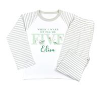 Crwban® - Watercolour Dinosaur When I Wake Up I'll Be Five Pyjamas - Personalised Fifth 5th Birthday Themed PJ's (UK, Age, 5 Years, 6 Years, Regular, Sage Green Stripes)