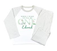 Crwban® - Watercolour Dinosaur When I Wake Up I'll Be One Pyjamas - Personalised First Birthday PJ's (UK, Age, 6 Months, 12 Months, Sage Green Stripes)