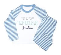 Crwban® - Watercolour Dinosaur When I Wake Up I'll Be Three Pyjamas - Personalised Third 3rd Birthday Themed PJ's (UK, Age, 2 Years, 3 Years, Regular, Blue Stripes)